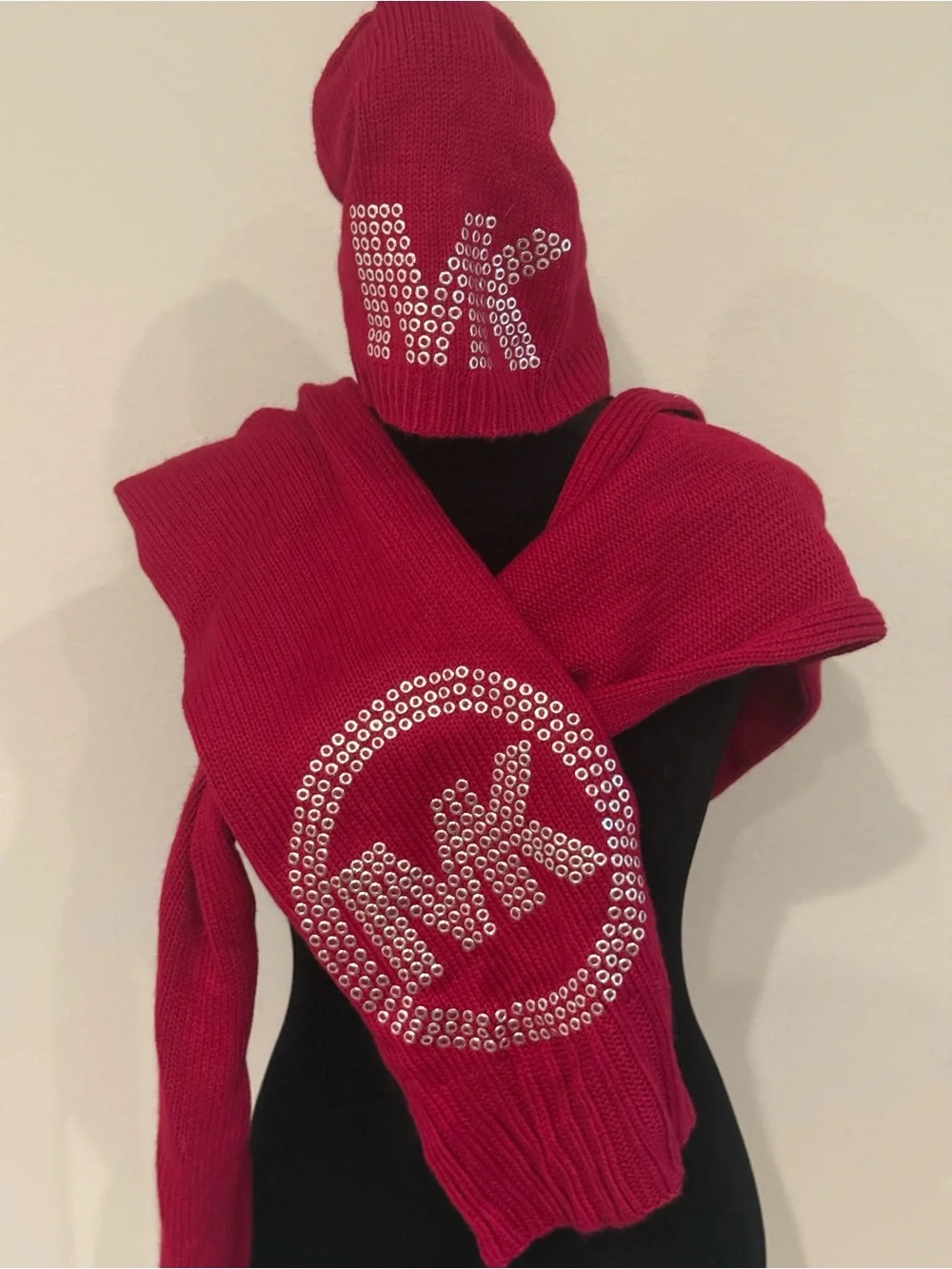 Michael Kors Embellished Knit Beanie and Scarf Set - Red